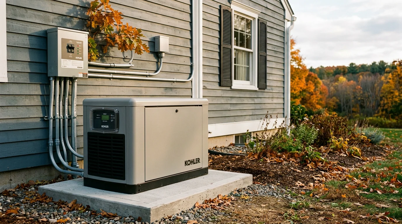 Technician performing maintenance on a residential standby generator outside a Windham home