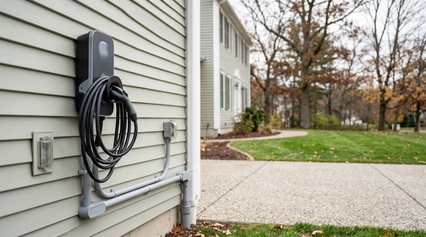 Professional electrician installing a wall-mounted EV charging station on a residential home exterior