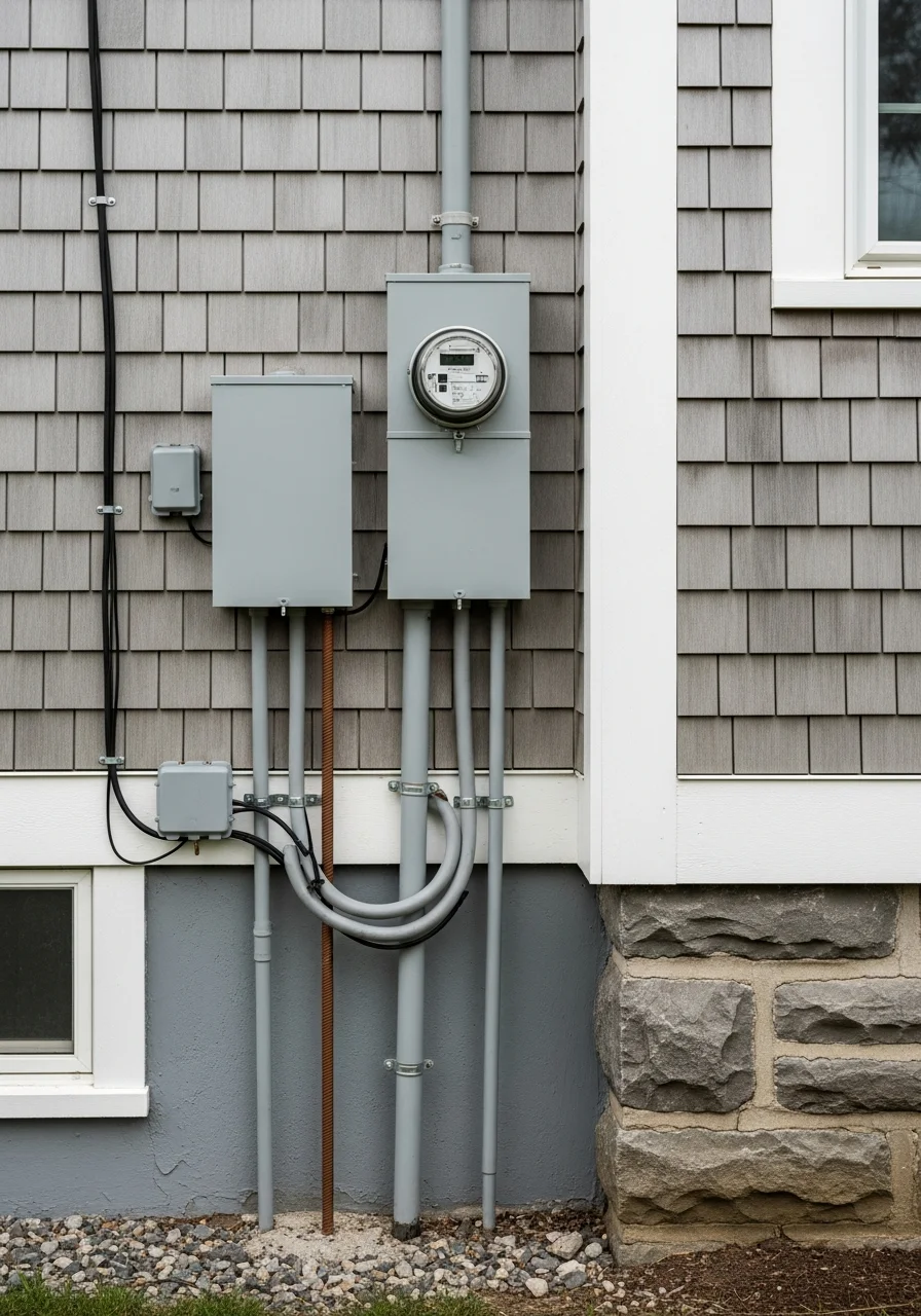 Service professional inspecting coastal home exterior in New London County.