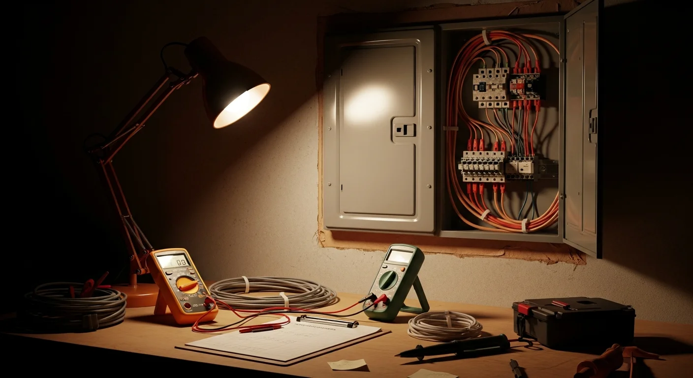 A licensed electrician from O'Connell's Electrical Contractors connecting AC circuit wiring at a residential electrical panel in a Hartford County home. The image shows properly run conduit and a dedicated breaker installed for an air conditioning system.