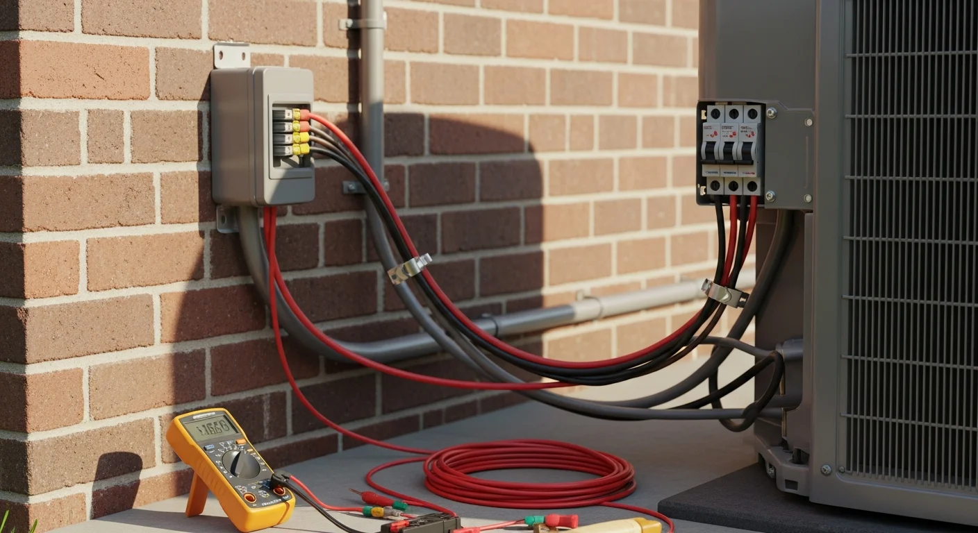 A licensed electrician from O'Connell's Electrical Contractors wiring a disconnect box and dedicated circuit for a central AC unit at a Hartford County residential property. The outdoor condenser unit sits on a concrete pad beside the home's exterior wall.