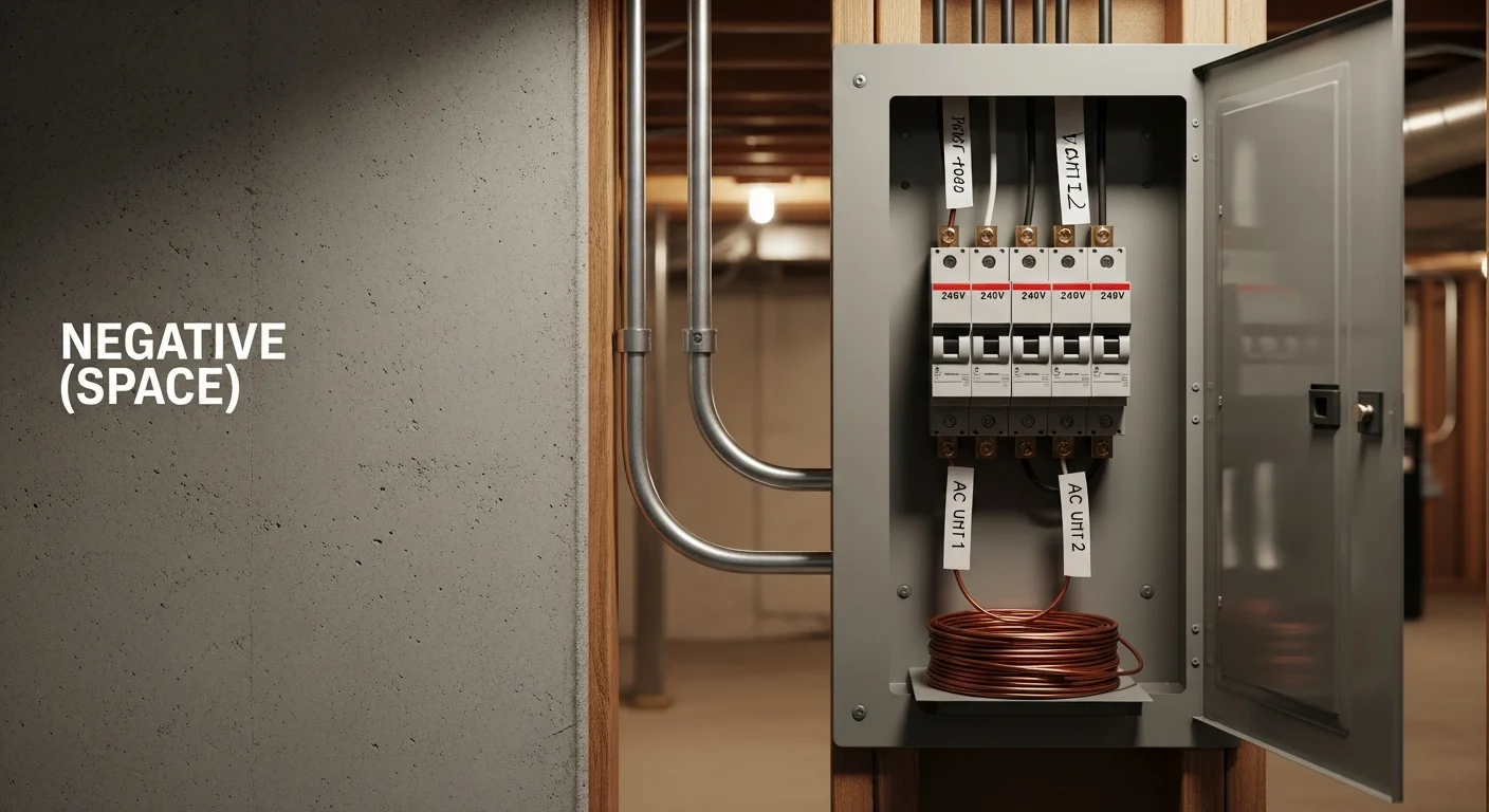 A licensed electrician from O'Connell's Electrical Contractors installing a dedicated 240V AC wiring circuit at an electrical panel inside a Hartford County, CT home. The image shows the panel open with properly routed conduit and wiring connected to a new double-pole breaker for an air conditioning system.