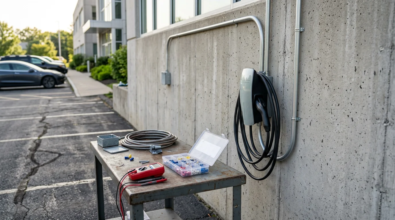 A commercial parking lot in Hartford County, Connecticut with multiple Level 2 EV charging stations mounted on pedestals between marked parking spaces. An electrical contractor installs conduit runs along the curb leading to the charging units.