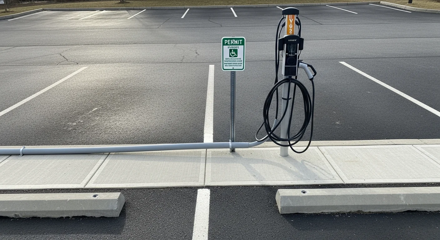 A licensed electrician from O'Connell's Electrical Contractors installs a commercial-grade EV charging station on the exterior wall of a Hartford County business parking facility. Multiple charging ports are mounted in a row along a concrete curb with conduit running to the building's electrical panel.