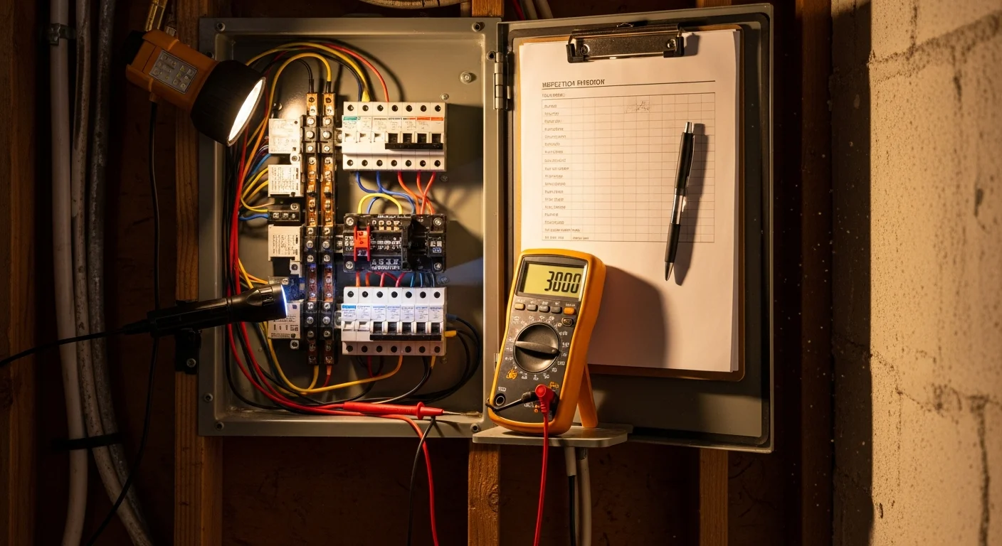 A licensed electrician from O'Connell's Electrical Contractors inspecting a residential electrical panel inside a Hartford County, CT home. The panel cover is open and the electrician is reviewing circuit breakers and wiring connections with a testing tool.