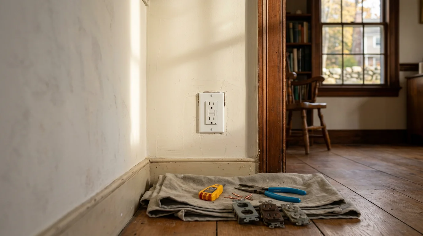 A licensed electrician installs a new GFCI outlet in a Hartford County kitchen, with clean wiring visible inside an open wall box. The finished receptacle sits flush against a white wall in a residential home.