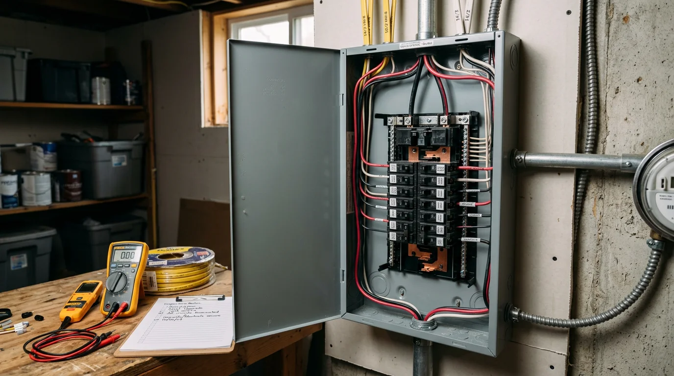 A newly installed residential electrical panel with clearly labeled circuit breakers mounted on a basement wall in a Hartford County, Connecticut home. The panel is clean, code-compliant, and ready for inspection.