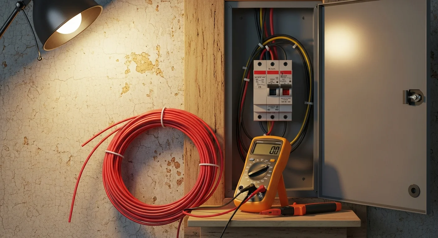 A licensed electrician from O'Connell's Electrical Contractors inspecting an open electrical panel inside a Hartford County home. The panel shows labeled circuit breakers in a residential utility room with visible wiring connections.