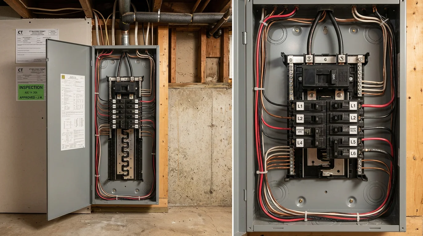 A licensed electrician running new electrical wiring through wall framing inside a Hartford County home during a residential wiring installation. Neatly routed cables are visible between wall studs before drywall installation.