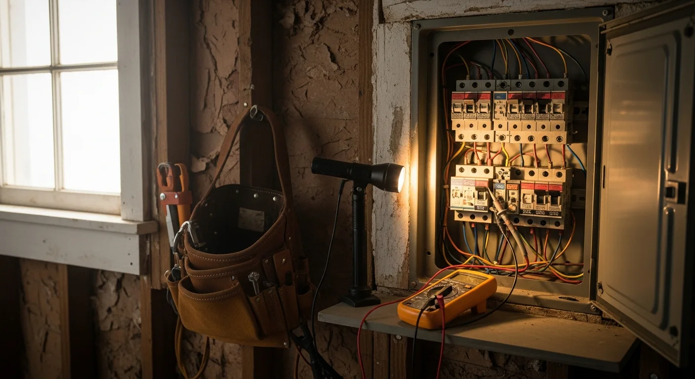 A licensed electrician from O'Connell's Electrical Contractors inspecting an open residential electrical panel inside a Hartford County, CT home. The panel shows labeled circuit breakers being assessed for faults during an emergency service call.