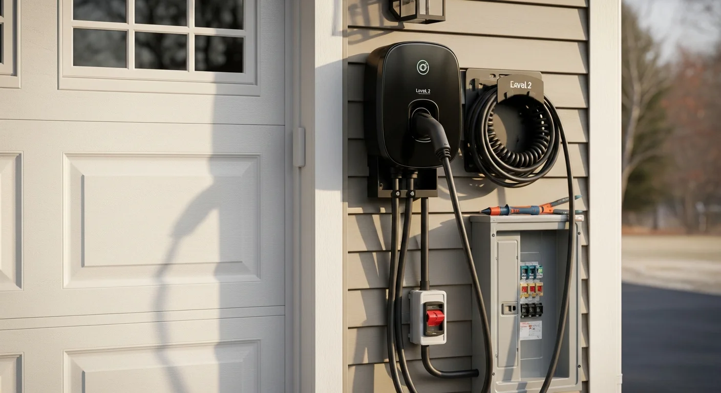 A Level 2 EV charger mounted on the interior wall of an attached garage at a Hartford County, CT home, with a dedicated electrical conduit running neatly to the panel. The charging cable hangs on a wall-mounted holder beside the unit.