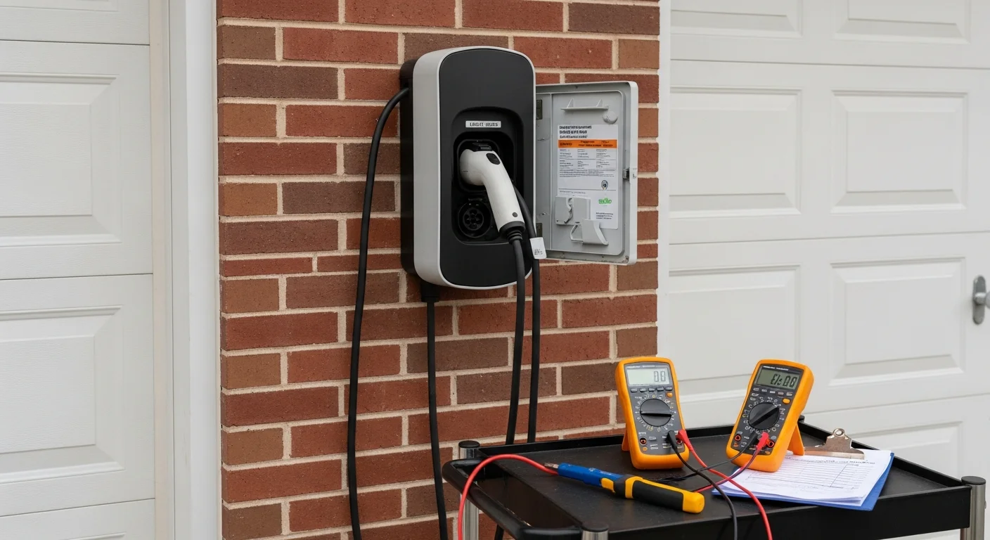 A licensed electrician from O'Connell's Electrical Contractors inspecting the cable and connector of a wall-mounted Level 2 EV charger inside a residential garage in Hartford County, Connecticut. The technician holds a service checklist while examining the charger enclosure for signs of wear.