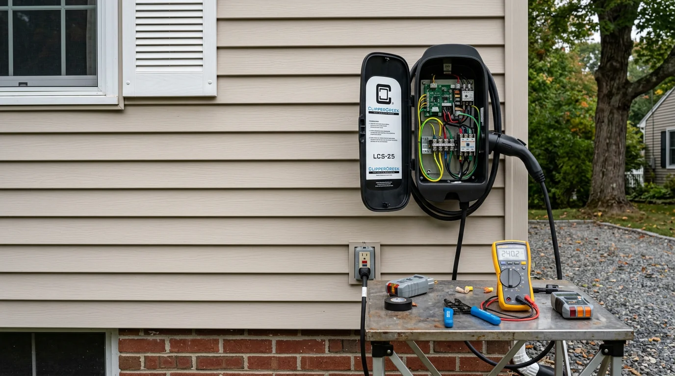 A residential EV charger mounted on the wall of a Hartford County garage, with an electrician inspecting the wiring connections and circuit panel nearby. The setting shows a typical Connecticut home electrical setup during a professional repair visit.
