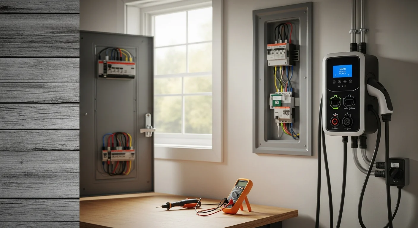 A licensed electrician from O'Connell's Electrical Contractors inspecting the wiring and circuit connections of a Level 2 EV charger mounted in a residential garage in Hartford County, Connecticut. The electrician uses a diagnostic tool to check for ground faults and voltage issues at the charger unit.