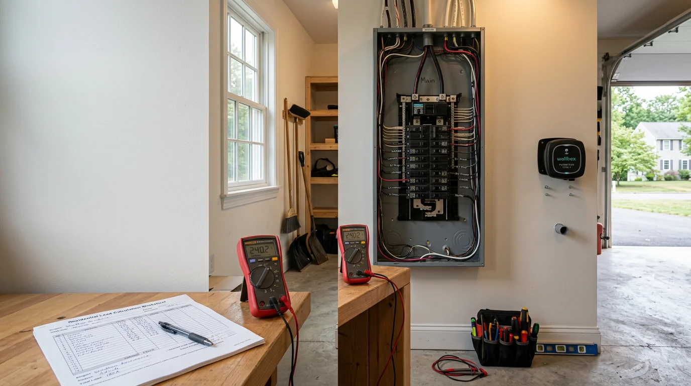 An electrician reviewing an electrical panel inside a residential garage in Hartford County, Connecticut, during an EV charging consultation. A parked electric vehicle is visible in the background near the garage wall.