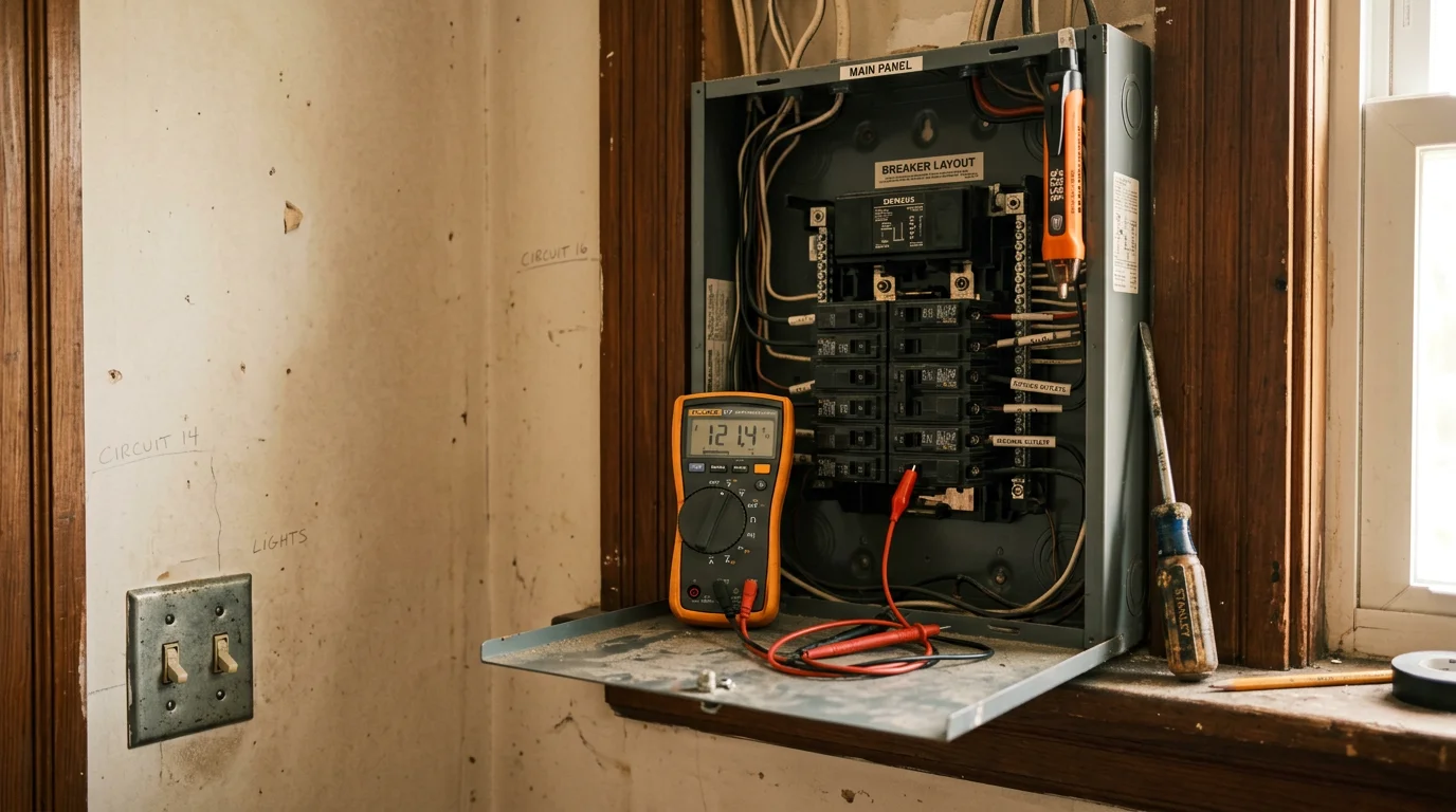 An electrician inspecting a residential electrical outlet and wiring inside an older Hartford County, Connecticut home. The repair work is shown in progress with tools and exposed wiring visible at the wall.