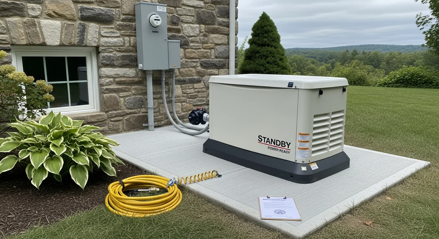 A licensed electrician from O'Connell's Electrical Contractors completing a standby generator installation on a concrete pad beside a residential home in Hartford County, Connecticut. The automatic transfer switch panel is mounted on the exterior wall with conduit running to the electrical service entrance.