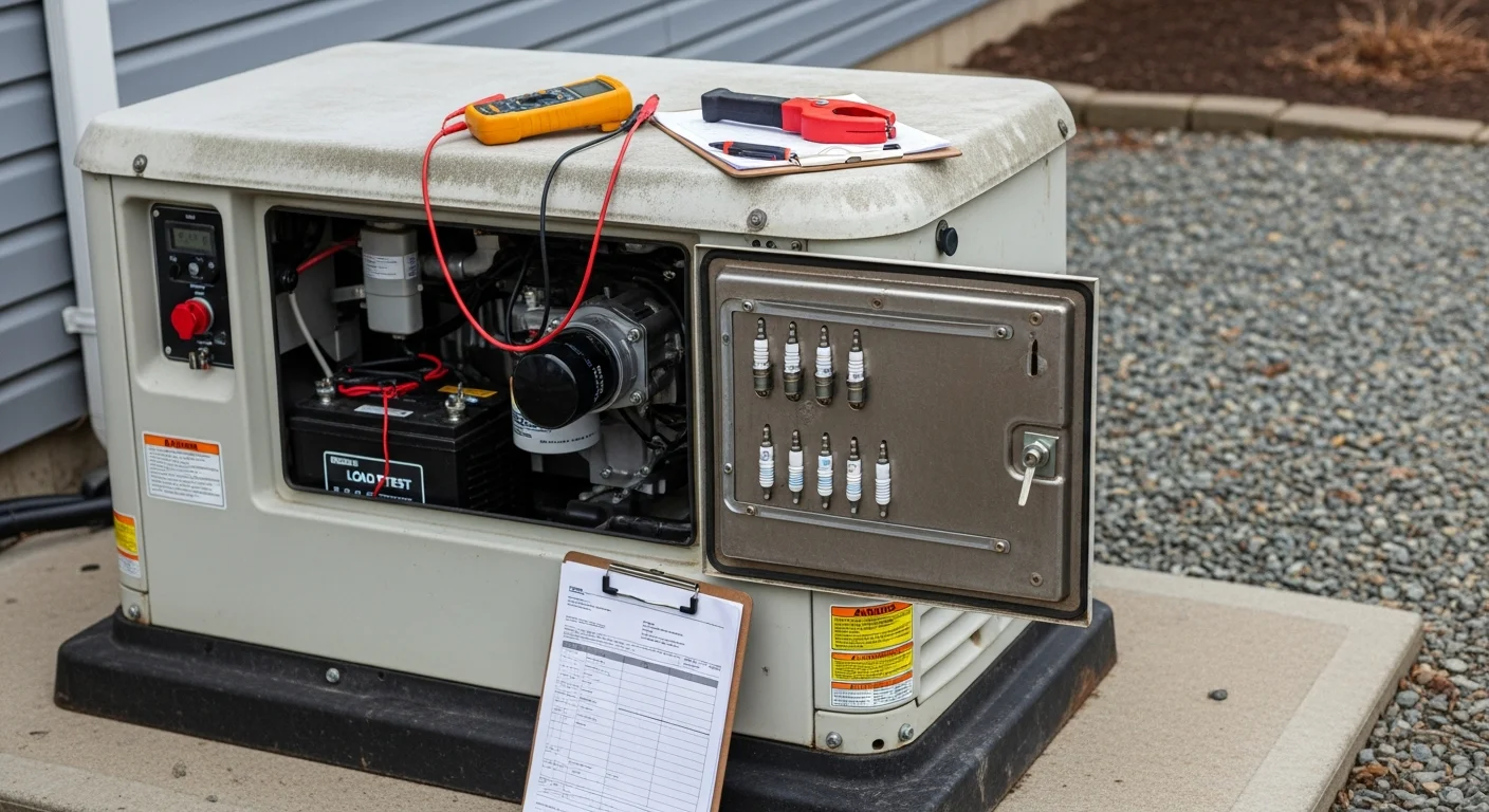 A licensed electrician from O'Connell's Electrical Contractors performing a maintenance inspection on a residential standby generator installed beside a Hartford County home. The technician checks the transfer switch panel and engine compartment during a scheduled service visit.