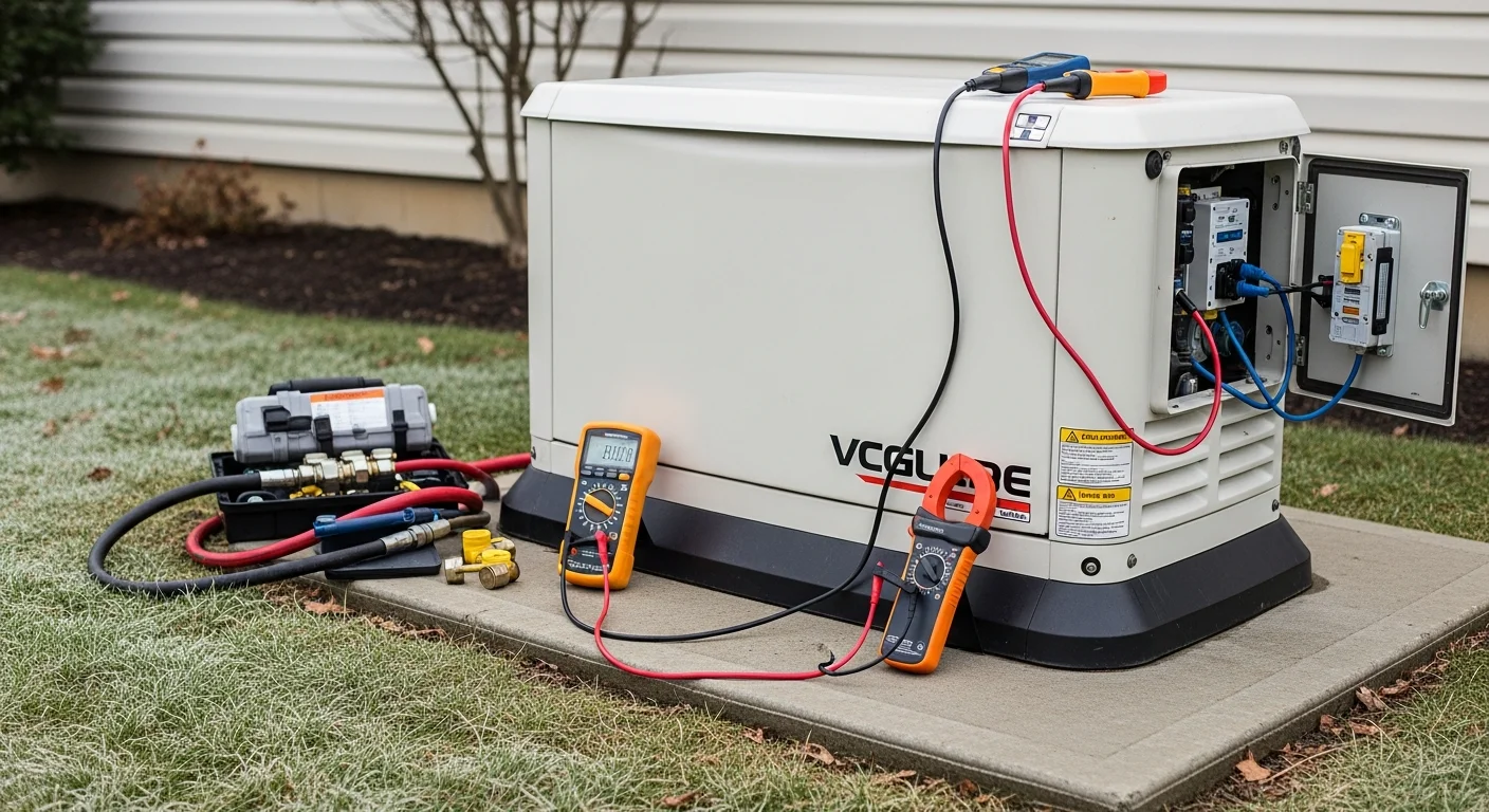 A licensed electrician from O'Connell's Electrical Contractors inspecting the transfer switch and battery connections on a standby generator installed beside a Hartford County home. The unit sits on a concrete pad with a residential electrical panel visible in the background.