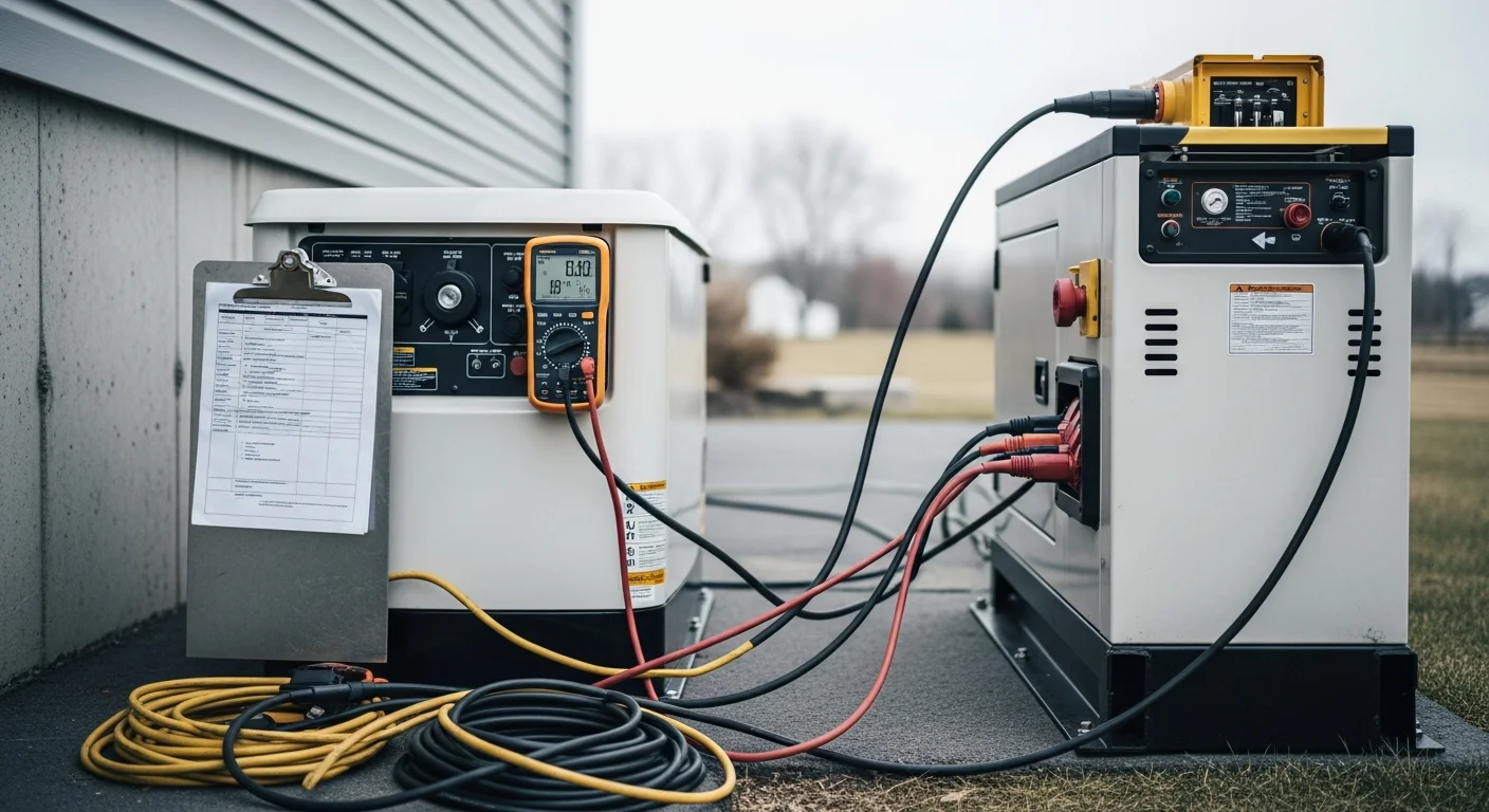 A licensed electrician from O'Connell's Electrical Contractors performing a load test on a standby generator at a Hartford County residential property. The technician checks the automatic transfer switch panel with a digital meter during the inspection.