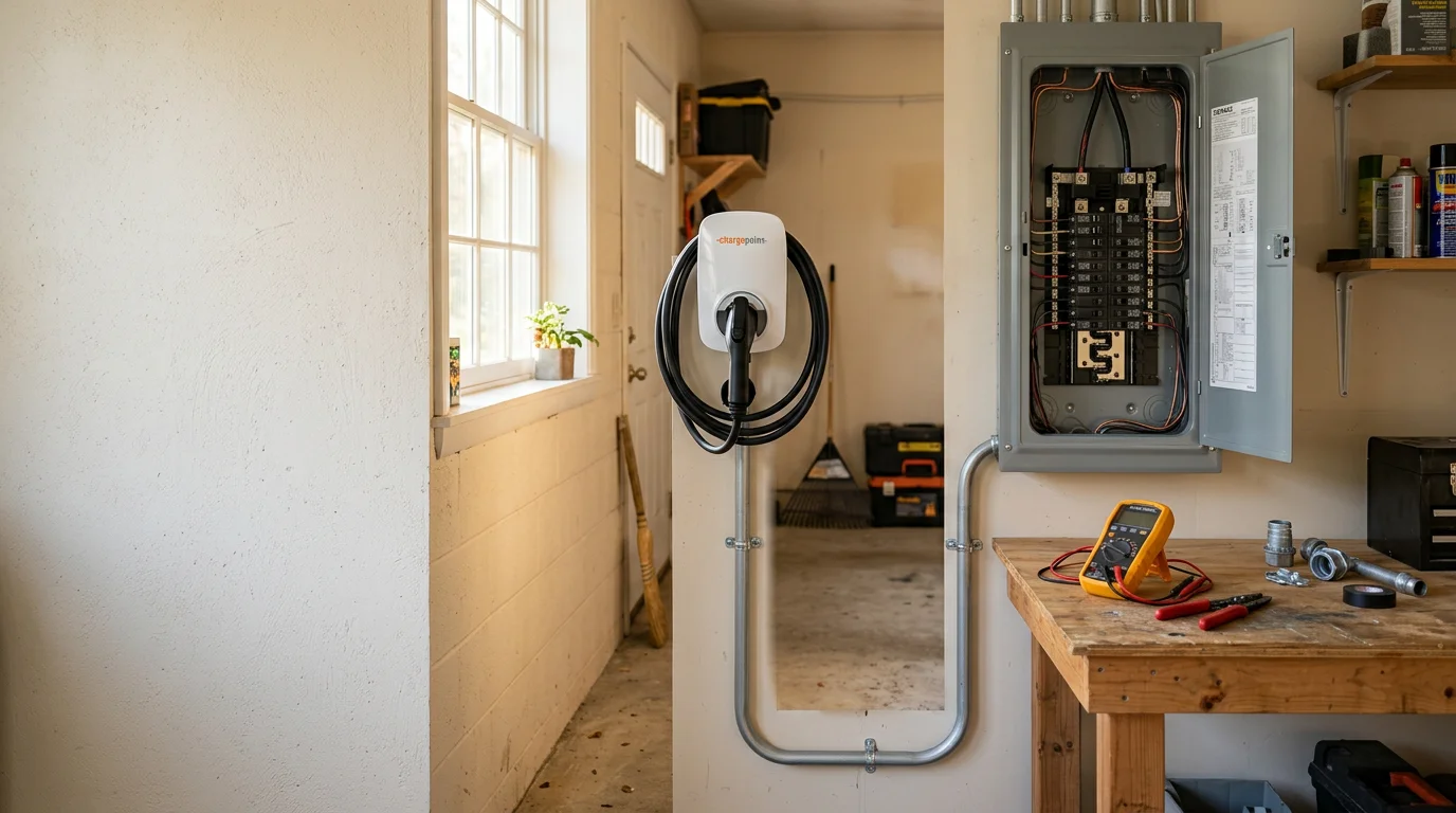 A Level 2 EV charger mounted on the interior wall of a residential garage in Hartford County, Connecticut, with a dedicated circuit conduit running to the electrical panel. The charger is positioned near a parked electric vehicle in a clean, finished garage space.