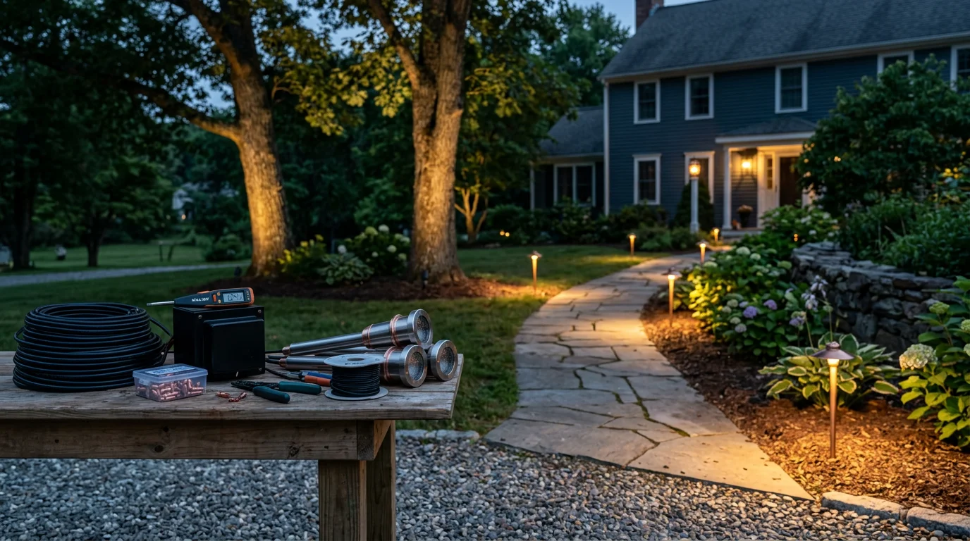 Professionally installed landscape lighting illuminating a residential front yard in Hartford County, Connecticut, with pathway lights lining a stone walkway and uplights accenting mature trees near the home's entrance.