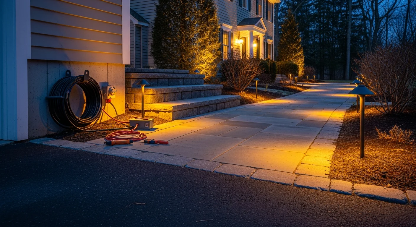 Professionally installed landscape lighting illuminating a residential walkway and garden bed at a Hartford County, Connecticut home at dusk. Low-voltage path lights and uplights highlight the front yard plantings and driveway edge against a dark evening sky.