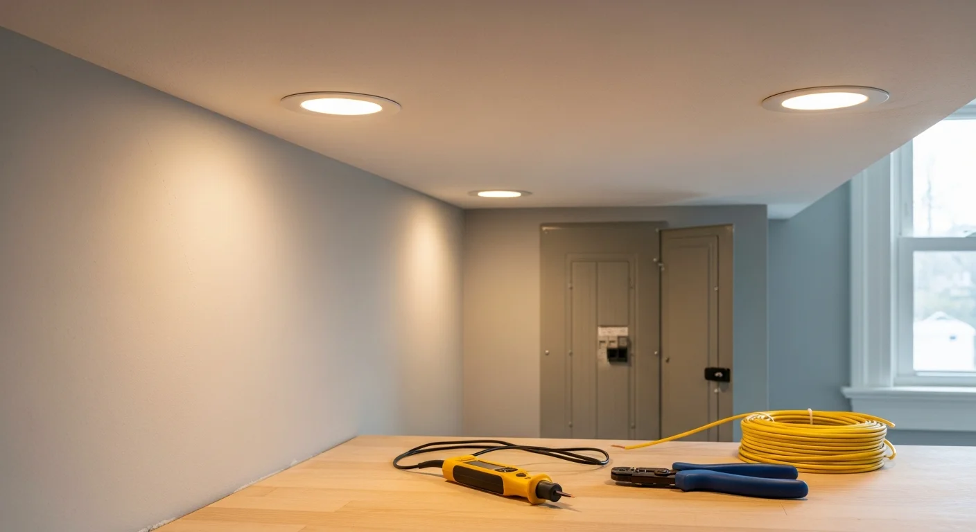 A licensed electrician from O'Connell's Electrical Contractors installing LED recessed lighting fixtures in the ceiling of a Hartford County home. Finished downlights illuminate a residential living room with clean, evenly spaced placement.