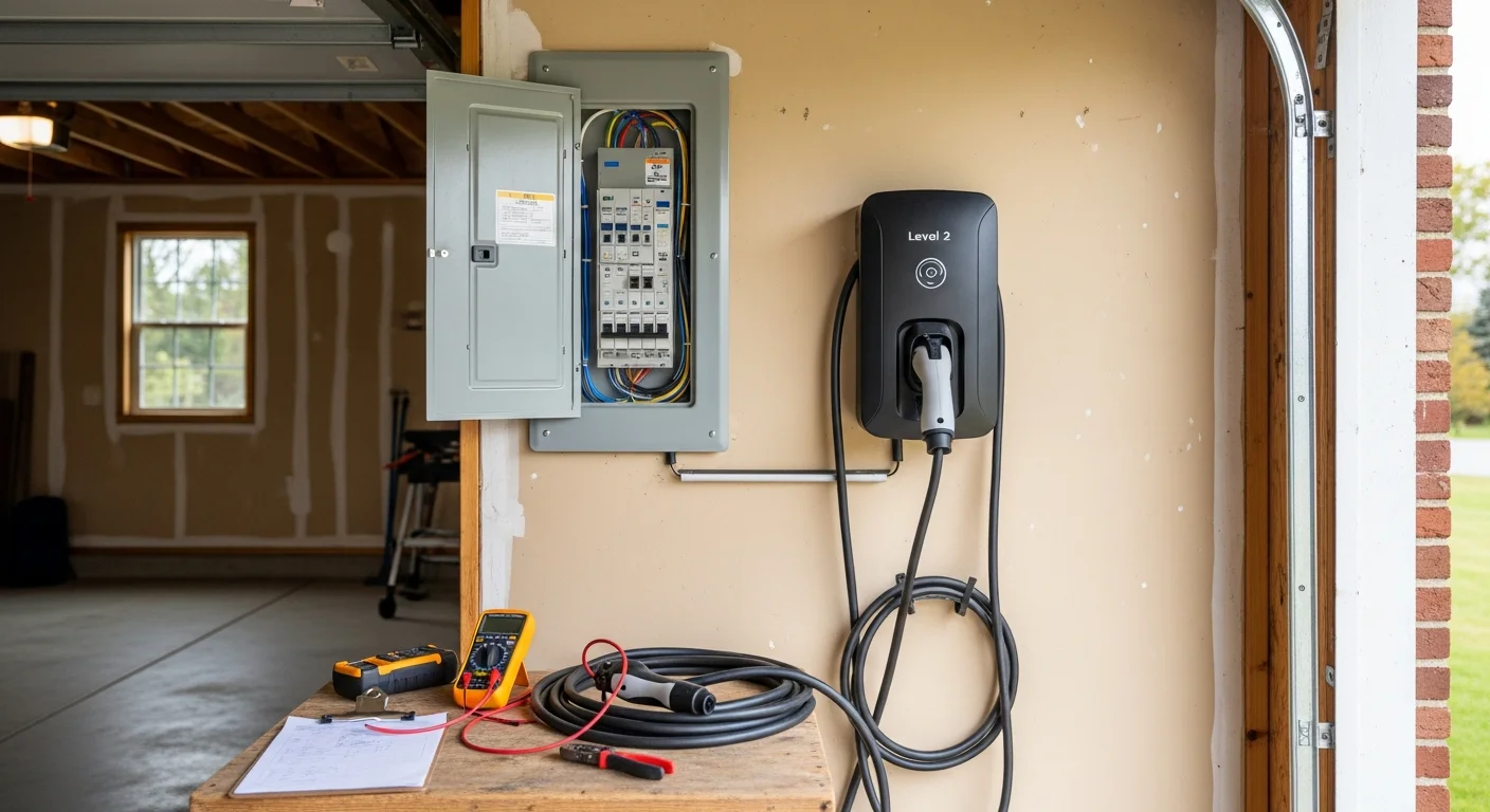 A Level 2 EV charger mounted on the interior wall of an attached garage at a Hartford County, Connecticut home, with a clean conduit run leading to a labeled circuit breaker panel. A licensed electrician from O'Connell's Electrical Contractors inspects the completed wiring.