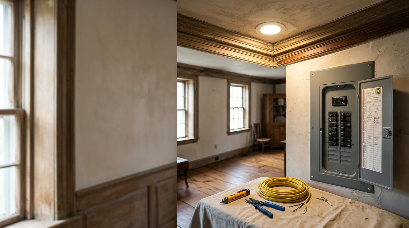 An electrician from O'Connell's Electrical Contractors mounting a ceiling light fixture in a Hartford County home. The finished fixture is centered over the room with clean, code-compliant wiring visible at the junction box.
