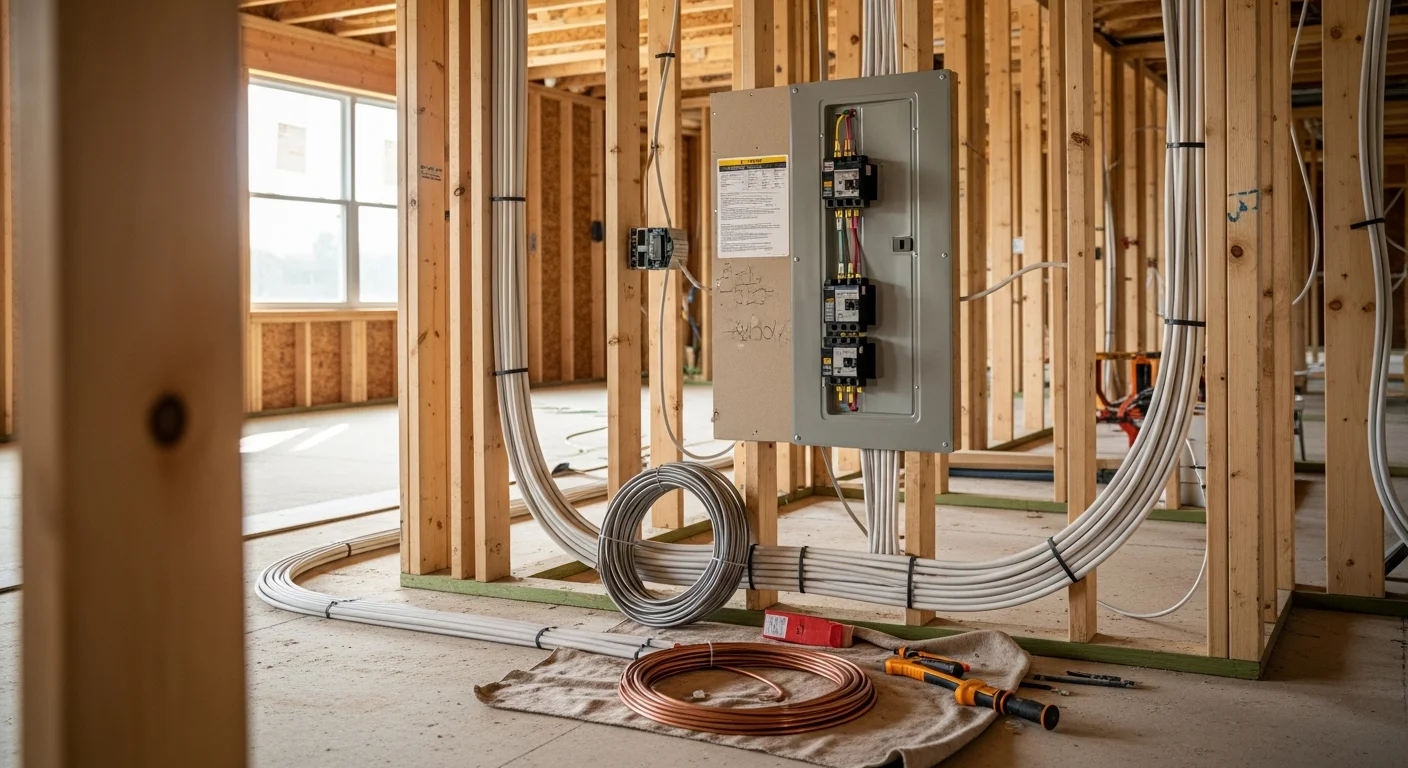 Licensed electrician running rough-in wiring through exposed wall framing inside a new construction home in Hartford County, Connecticut. Electrical conduit and wire runs are visible before drywall installation, with a panel box mounted on the stud wall in the background.