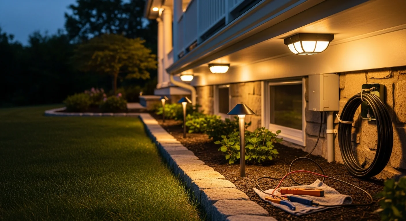 A Hartford County home exterior at dusk with professionally installed pathway lights lining the front walkway and uplighting illuminating the facade. Weatherproof wall sconces flank the entry door, casting even light across the driveway and landscaping.