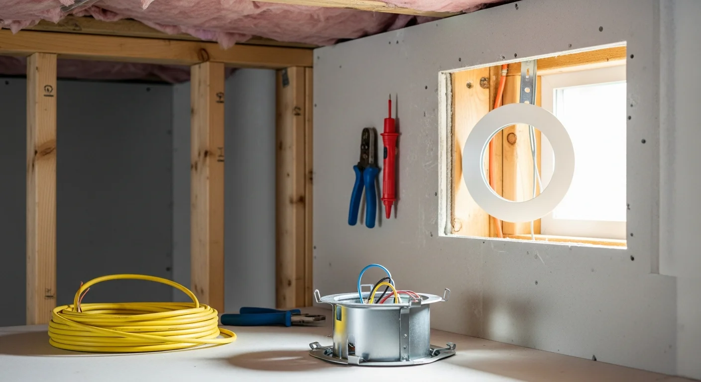 A Hartford County kitchen with newly installed flush recessed LED downlights evenly spaced across a white ceiling above a center island. A licensed electrician from O'Connell's Electrical Contractors completes the final fixture trim in a Connecticut colonial-style home.