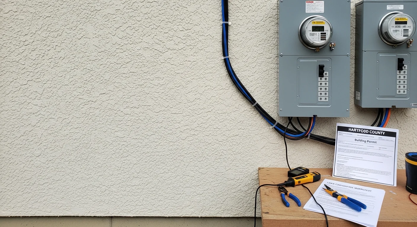 A licensed electrician from O'Connell's Electrical Contractors installs a new 200-amp breaker panel during a service upgrade at a Hartford County, CT residential property. The completed panel shows organized circuit breakers, a new meter socket, and clean service entry conductors mounted on an interior utility wall.