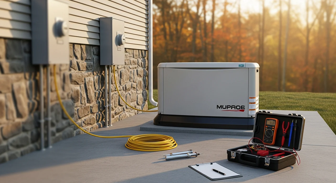 A licensed electrician from O'Connell's Electrical Contractors completing a standby generator installation on a concrete pad beside a residential home in Hartford County, Connecticut. The automatic transfer switch panel is mounted on the exterior wall next to the electrical meter.