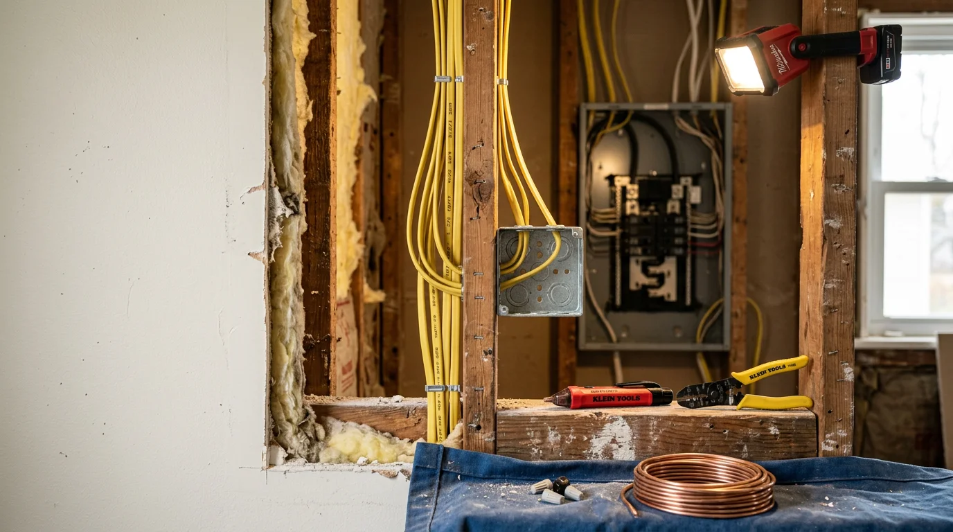 An electrician from O'Connell's Electrical Contractors installing new wiring in the wall of a Hartford County home during a renovation. Neatly routed cables run through open wall framing in preparation for inspection.